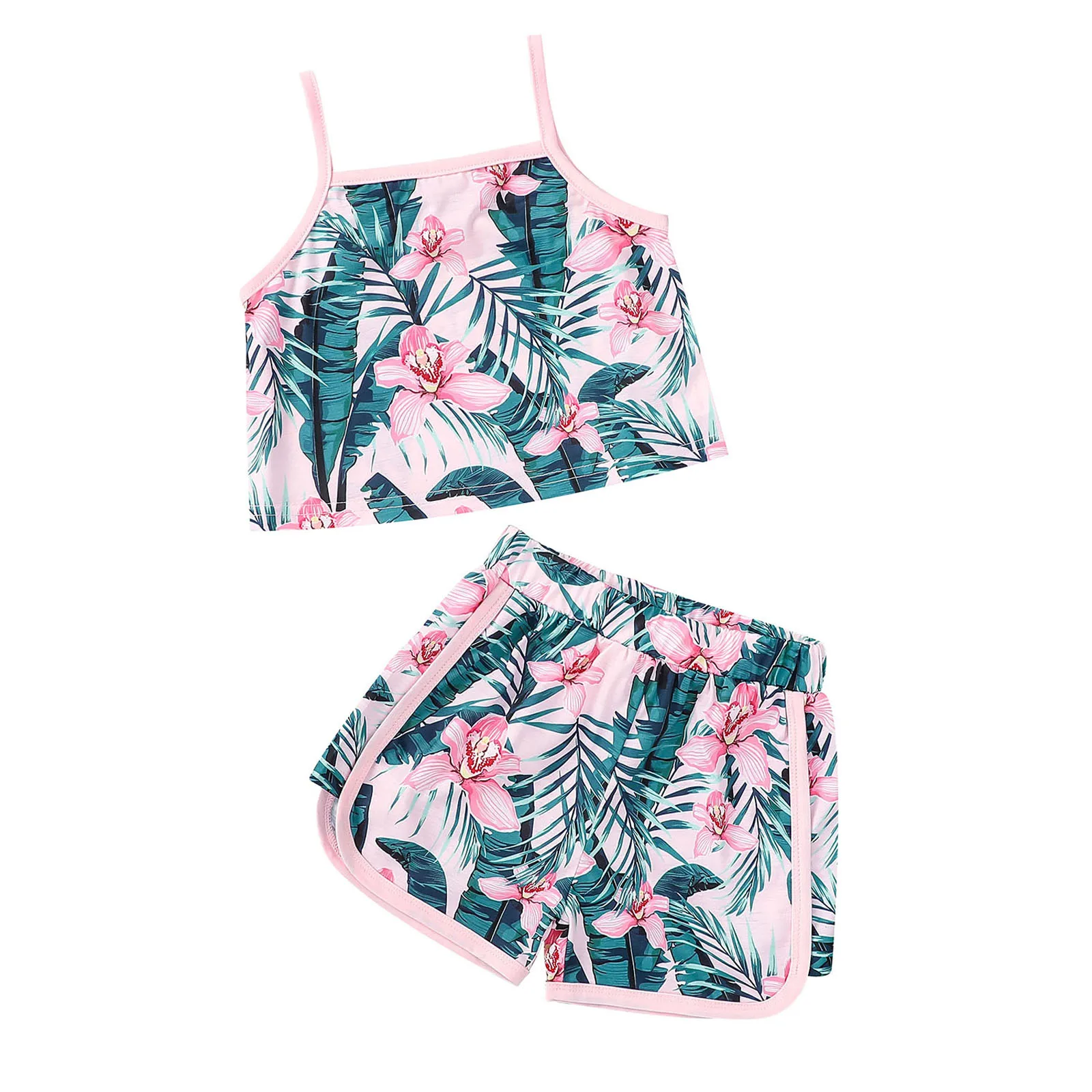 Floral Print Clothes Set, Girls Sleeveless Square Collar Cropped Tops+Side Split Short Pants 
Floral Print Clothes Set, Girls Sleeveless Square Collar Cropped Tops+Side Split Short Pants