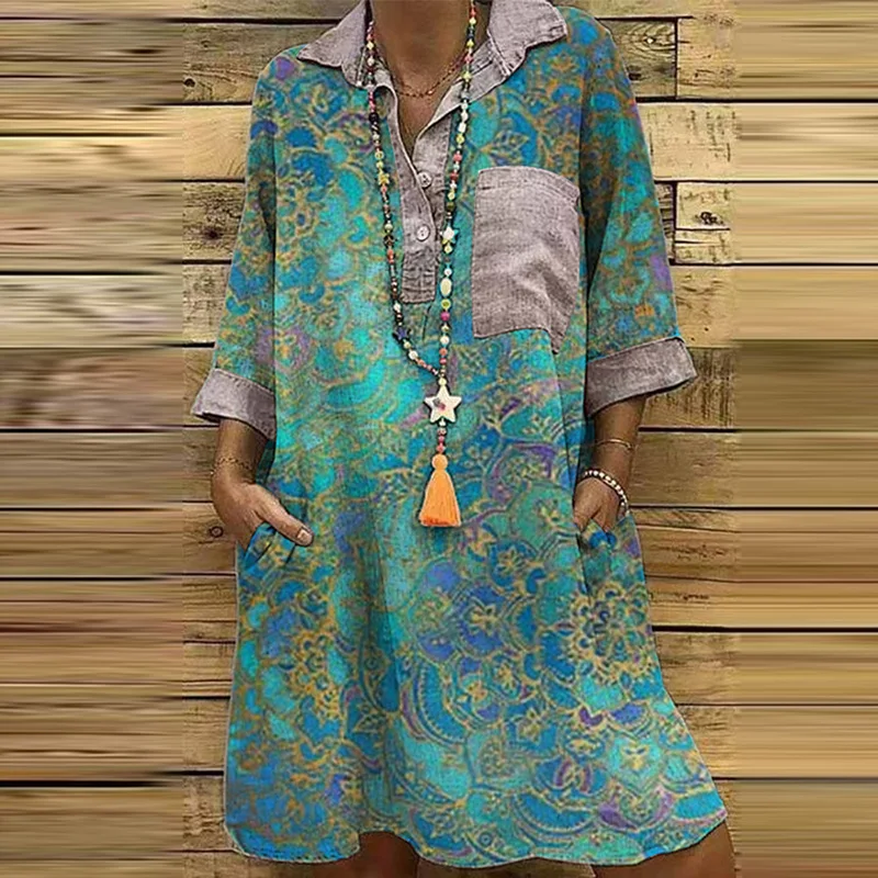 2021 Spring Three Quarter Sleeve Mini Dress Women Turn-Down Collar Pocket Button Loose Dress Fashion Vintage Print Party Dresses
2021 Spring Three Quarter Sleeve Mini Dress Women Turn-Down Collar Pocket Button Loose Dress Fashion Vintage Print Party Dresses