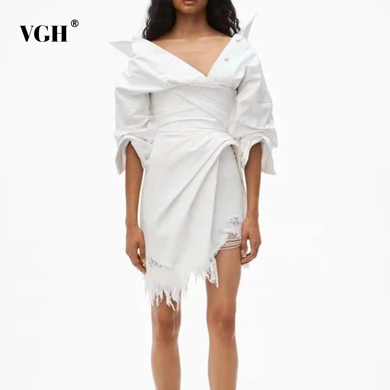 

VGH Denim Tassel White Dress Female Slash Neck Three Quarter Sleeve High Waist Irregular Ruched Slim Mini Dresses For Women 2021