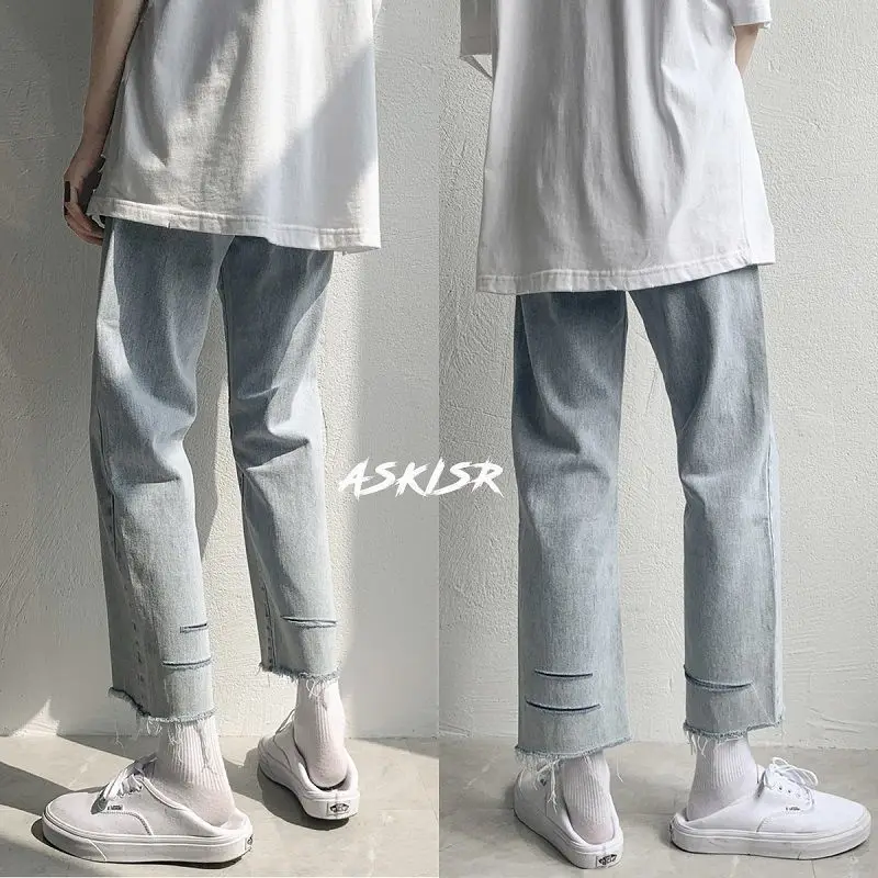 Hole Jeans Men's Fashion Loose Straight Pants Summer Vintage Light Blue Jeans Hip Hop Cropped Trousers Ankle-length Streetwear 
Hole Jeans Men's Fashion Loose Straight Pants Summer Vintage Light Blue Jeans Hip Hop Cropped Trousers Ankle-length Streetwear