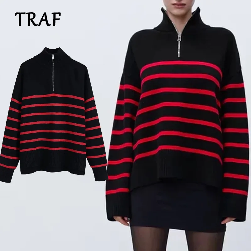TRAF zar Women Sweater Autumn Women's Striped Sweater Knitted Winter Pullover With Zipper Soft Girl Knit Top Woman Sweaters
TRAF zar Women Sweater Autumn Women's Striped Sweater Knitted Winter Pullover With Zipper Soft Girl Knit Top Woman Sweaters