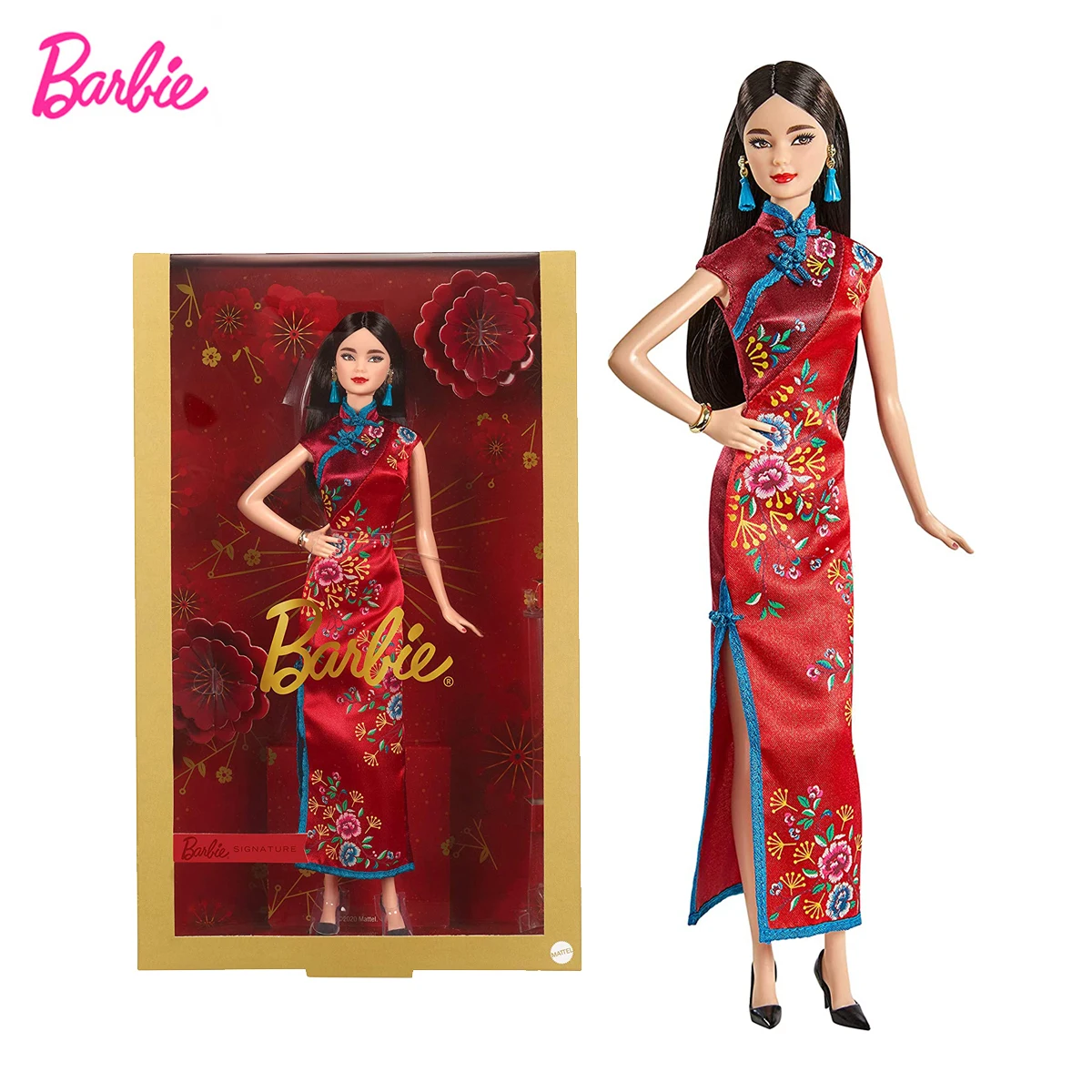 

Barbie Signature Lunar New Year Doll Wearing Red Satin Cheongsam Dress with Accessories Collectors for Kids Birthday Gift GTJ92
