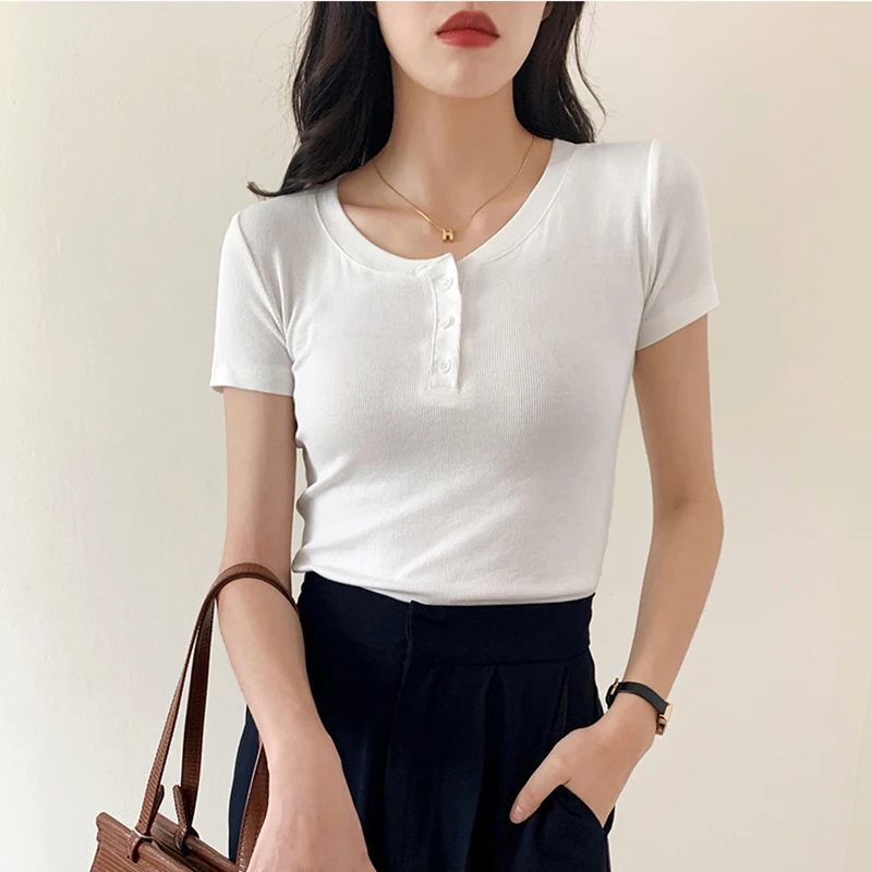 2022 Summer Short Sleeve Women's T-shirt Korean Slim Tops Tee Shirts Femme Button O-neck Ribbed Cotton Knitted Casual Solid Top
2022 Summer Short Sleeve Women's T-shirt Korean Slim Tops Tee Shirts Femme Button O-neck Ribbed Cotton Knitted Casual Solid Top