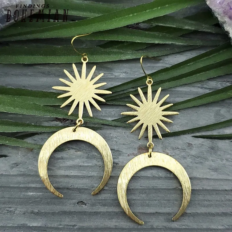 

Hammered Raw Brass Earrings,Moon and Star Dangle Earrings, Starburst Earrings,Celestial Earrings,Crescent Moon Earrings