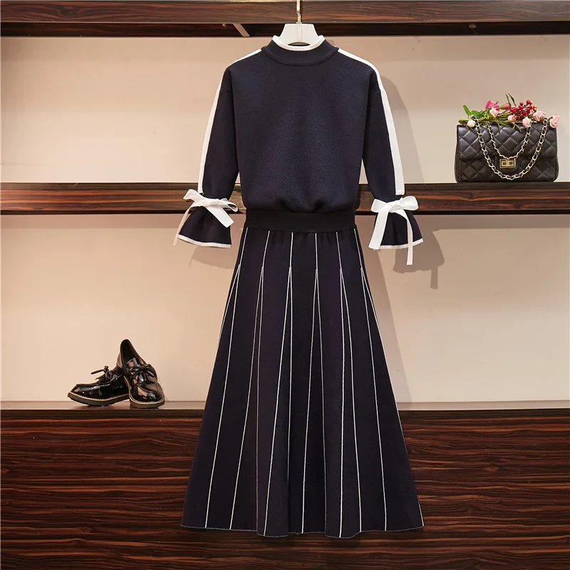 A Slim, Large Size Women's dress Autumn winter long sleeve bow tie striped dress knitted sweater Suit skirt two-piece suit dress
A Slim, Large Size Women's dress Autumn winter long sleeve bow tie striped dress knitted sweater Suit skirt two-piece suit dress