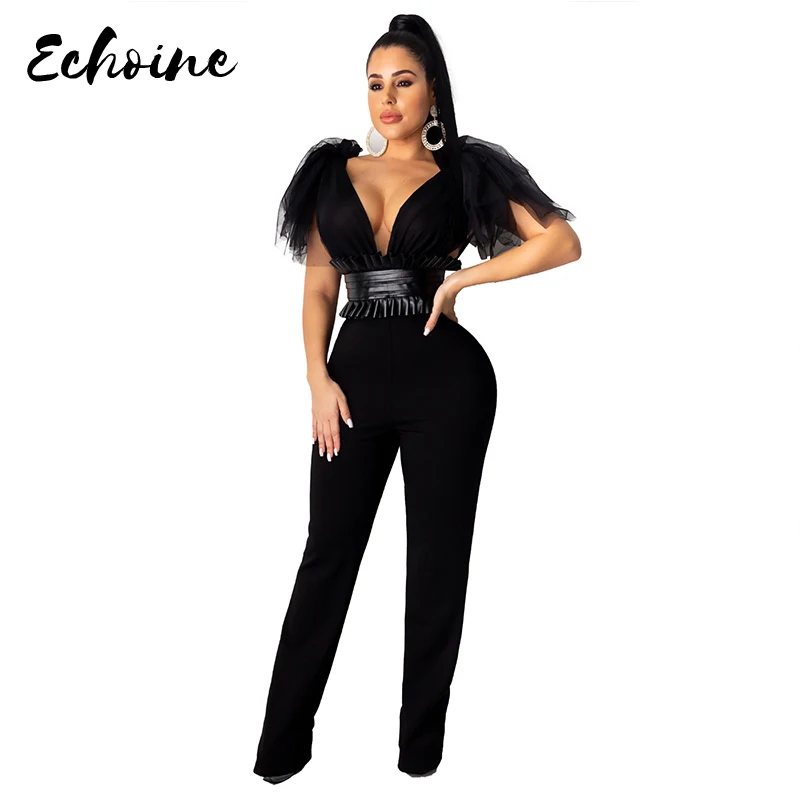 Summer Sexy Deep V Neck Sheer Mesh See Through Bow Short Sleeve Wide Leg Night Club Party Jumpsuit with Faux PU Leather Sashes
Summer Sexy Deep V Neck Sheer Mesh See Through Bow Short Sleeve Wide Leg Night Club Party Jumpsuit with Faux PU Leather Sashes