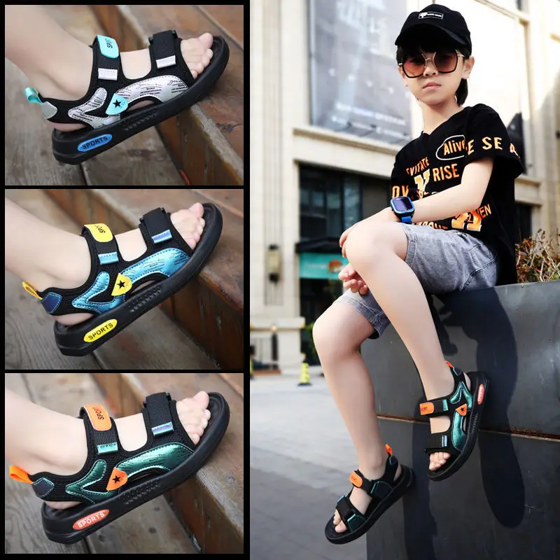 

Children's sandals 2021 new middle school children's leaky toe boys' sandals primary school students' soft soled antiskid beach