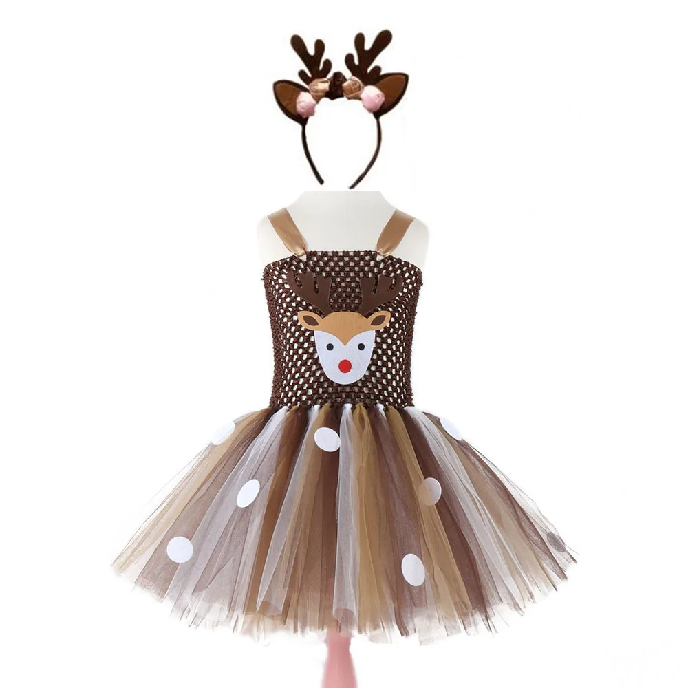 

Christmas Deer Tutu Dress Baby Girls 1st Birthday Party Dresses Happy Purim Halloween Winter Cosplay Costume Clothes For Kids
