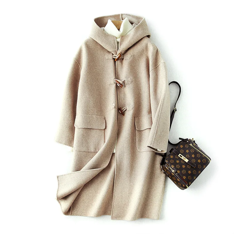 Wool Coat Women Hooded Long-sleeved Ladies Long Windbreaker Single Row Horn Button Decoration High Quality Woolen Topcoat 
Wool Coat Women Hooded Long-sleeved Ladies Long Windbreaker Single Row Horn Button Decoration High Quality Woolen Topcoat