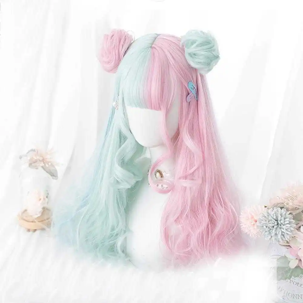 

Cosplaymix 57CM Lolita Makaron Color Pink Mixed Mint Green Blue Ombre Long Curly Bangs Cute Synthetic Buns Cosplay Wig