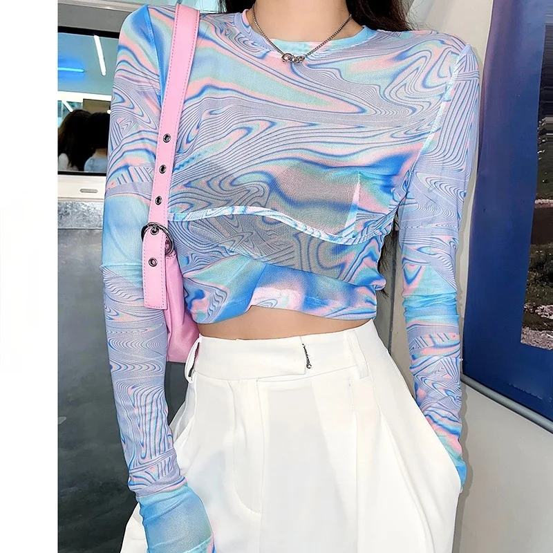 Laser Color Tie Dye Crop Top Women Rainbow Gradient Long Sleeve T Shirts Futuristic Y2k Aesthetic Tops E Girl Dazzle Tee 2021
Laser Color Tie Dye Crop Top Women Rainbow Gradient Long Sleeve T Shirts Futuristic Y2k Aesthetic Tops E Girl Dazzle Tee 2021
