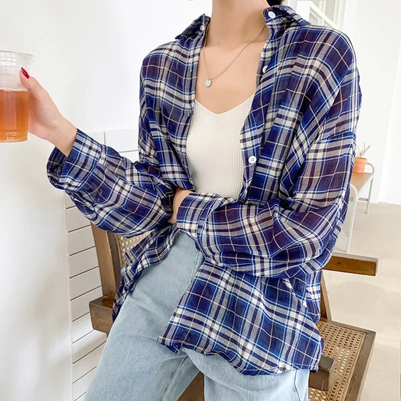 2021 Summer New Women Shirt Office Lady Plaid Blouse Turn-down Collar Casual Female Sunscreen Loose Full Sleeve Elegant Tops
2021 Summer New Women Shirt Office Lady Plaid Blouse Turn-down Collar Casual Female Sunscreen Loose Full Sleeve Elegant Tops