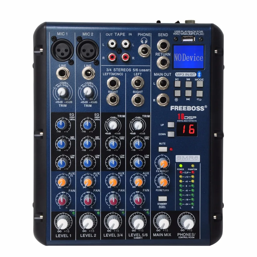 

SMR6 Bluetooth Record 2 Mono + 2 stereo 6 Channels 3 Band EQ 16 DSP Effect USB Professional Sound Mixing Console
