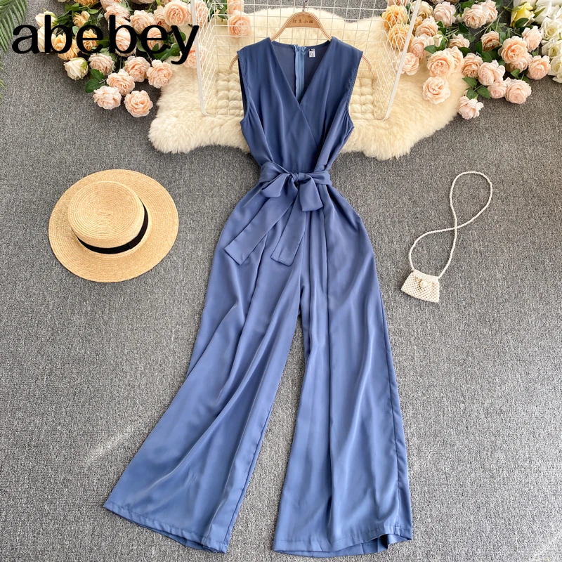 Women Korean Rompers V Neck Sleeveless Sashes Solid Jumpsuits Summer Fashion Casual Wide Leg Long Rompers
Women Korean Rompers V Neck Sleeveless Sashes Solid Jumpsuits Summer Fashion Casual Wide Leg Long Rompers