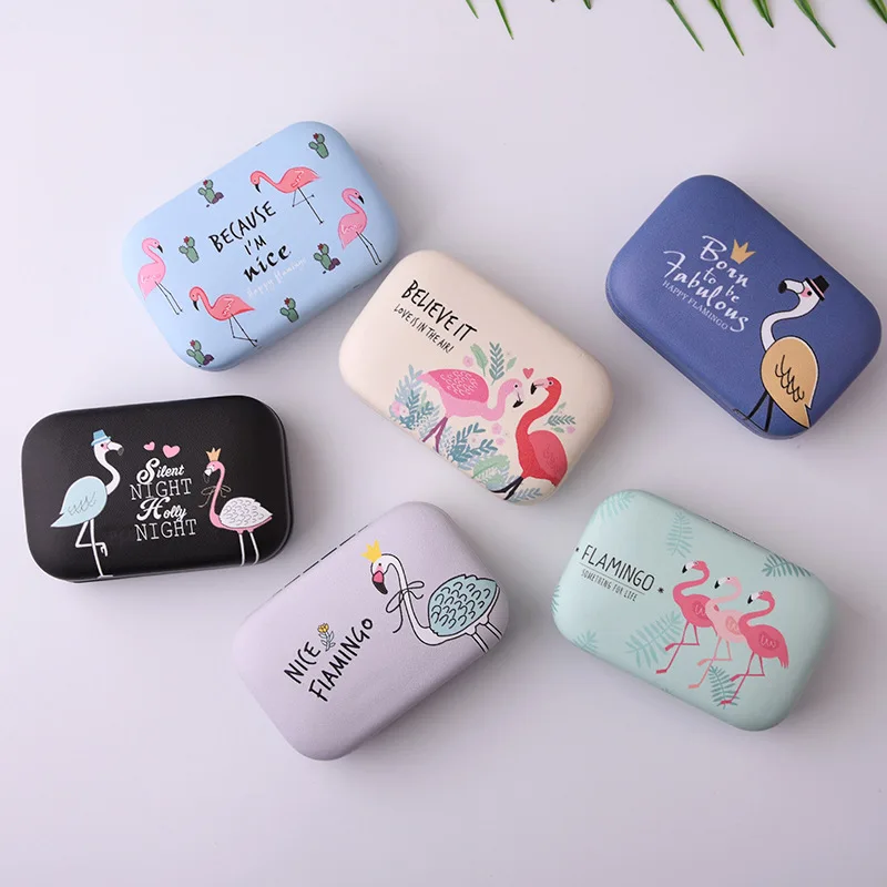 

Flamingo Leather Square Mirror Cover Colorful Contact Lens Case Travel Container Holder Storage Soaking Box Case Random