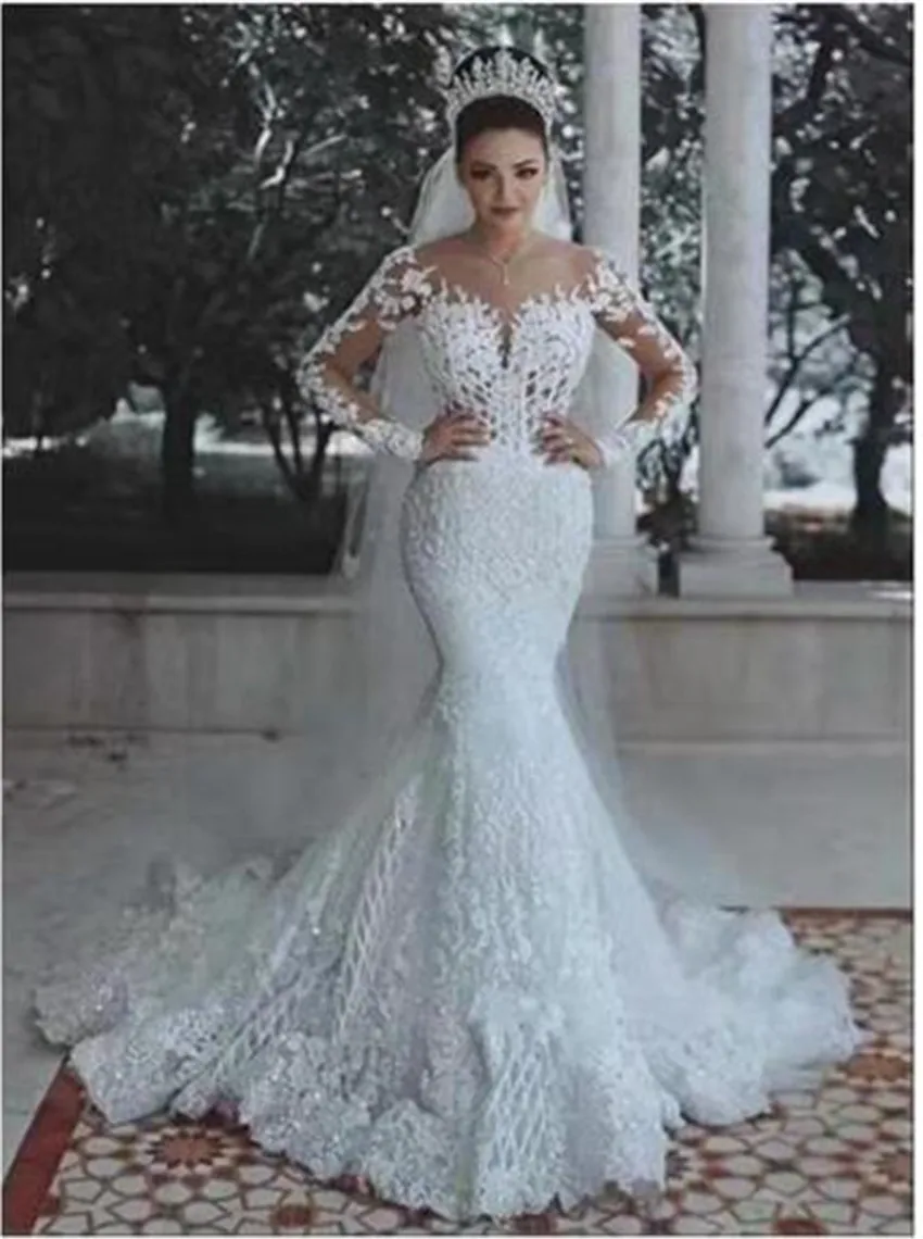 Vestidos de Novia Русалка совок Свадебные платья 2019 Длинные рукава с аппликацией