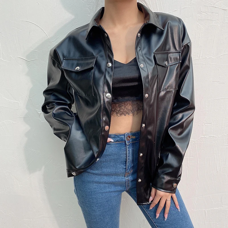 2021 Oversized PU Leather Jackets Women Vintage Long Sleeve Coats Fashion Buttons Lapel Neck Punk Outerwear Solid Color Coats
2021 Oversized PU Leather Jackets Women Vintage Long Sleeve Coats Fashion Buttons Lapel Neck Punk Outerwear Solid Color Coats