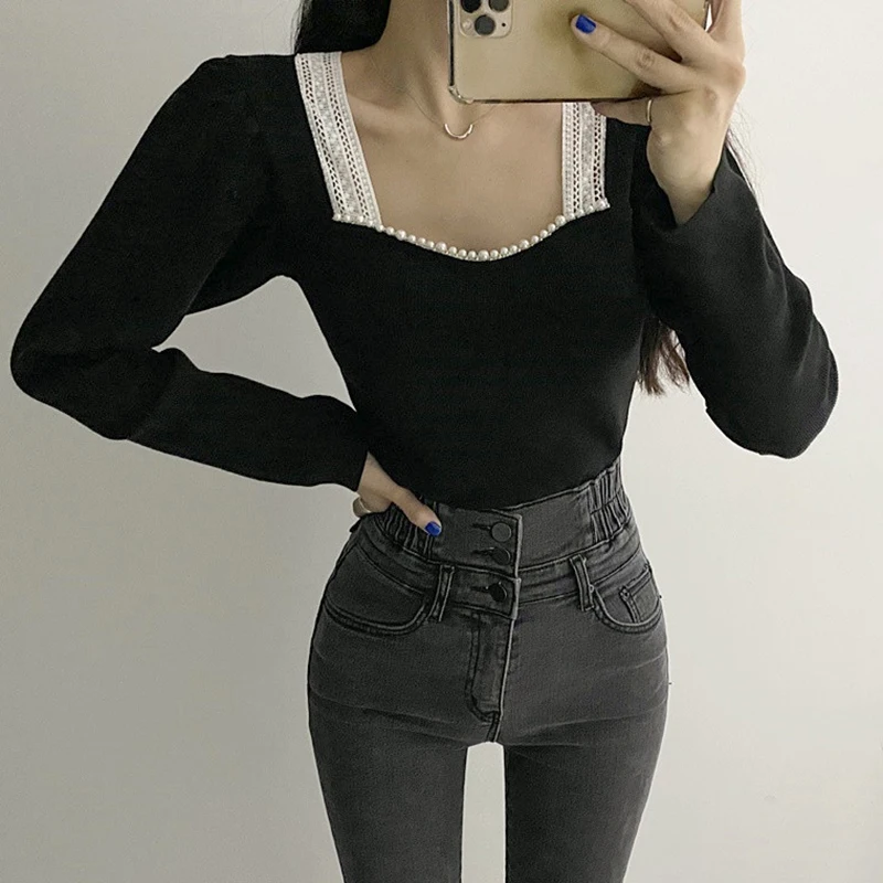 Lace Splicing Pearl Decoration Fashion Women's T-shirts Square Neck Long Puff Sleeve Slim T-shirt Women Casual Loungewear Basic
Lace Splicing Pearl Decoration Fashion Women's T-shirts Square Neck Long Puff Sleeve Slim T-shirt Women Casual Loungewear Basic