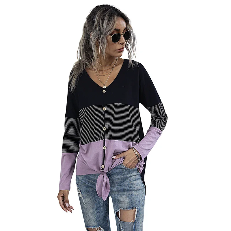 Women's long sleeve Pullover V-neck purple stitched T-shirt with bottom coat for women's autumn and winter fashion
Women's long sleeve Pullover V-neck purple stitched T-shirt with bottom coat for women's autumn and winter fashion