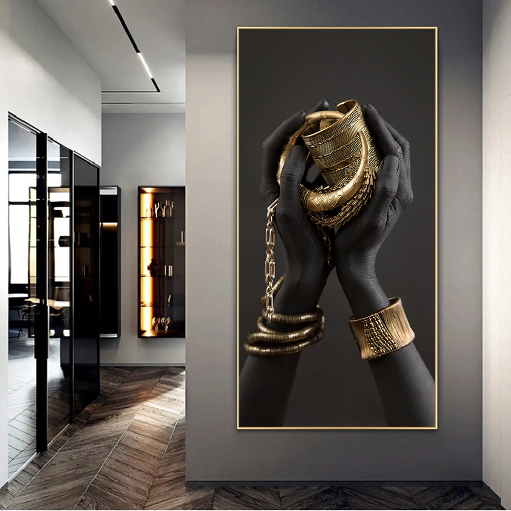 

Black Hands Holding Golden Jewelry Canvas Art Posters And Prints African Art Paintings On the Wall Art Pictures For Living Room