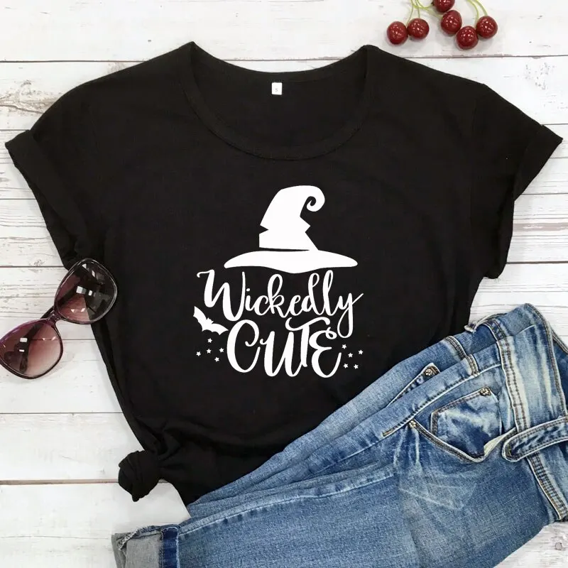 

Wickedly Милая рубашка для Хэллоуина, модные смешные Хлопковые женские футболки с графическим рисунком, чистый хлопок, круглый вырез, повседнев...