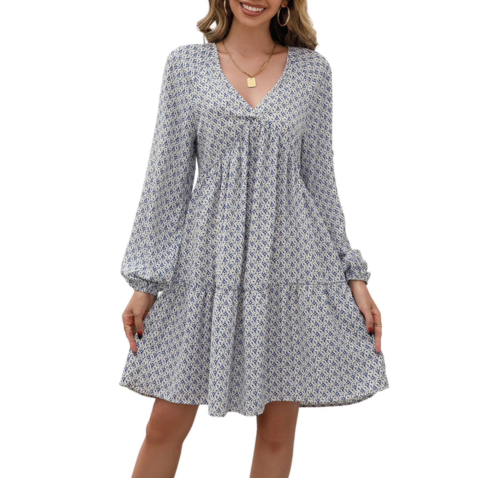 Women Elegant Dress Floral Print V-neck Long Sleeve Beach Party Wedding Ruffle Hem Short Dress for Summer
Women Elegant Dress Floral Print V-neck Long Sleeve Beach Party Wedding Ruffle Hem Short Dress for Summer
