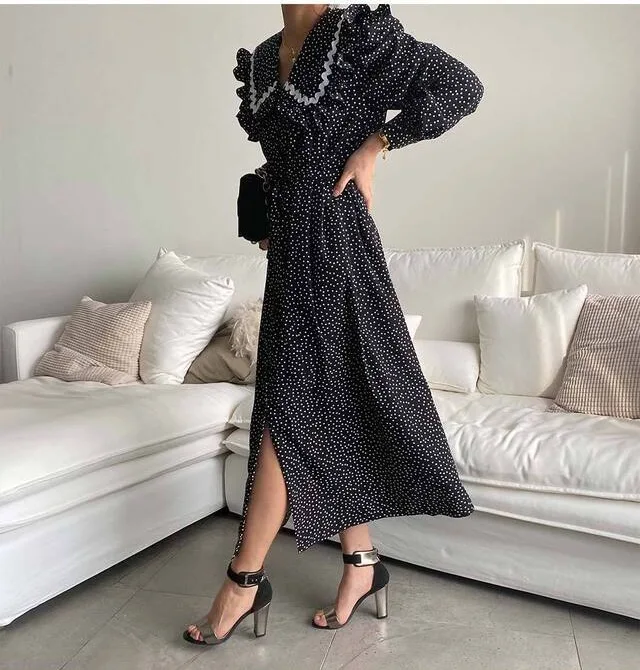 Korean Style Chic French Retro Western Style Youthful-Looking Small Polka Dot Wooden Ear Lapel Loose Slimming Midi Dress
Korean Style Chic French Retro Western Style Youthful-Looking Small Polka Dot Wooden Ear Lapel Loose Slimming Midi Dress