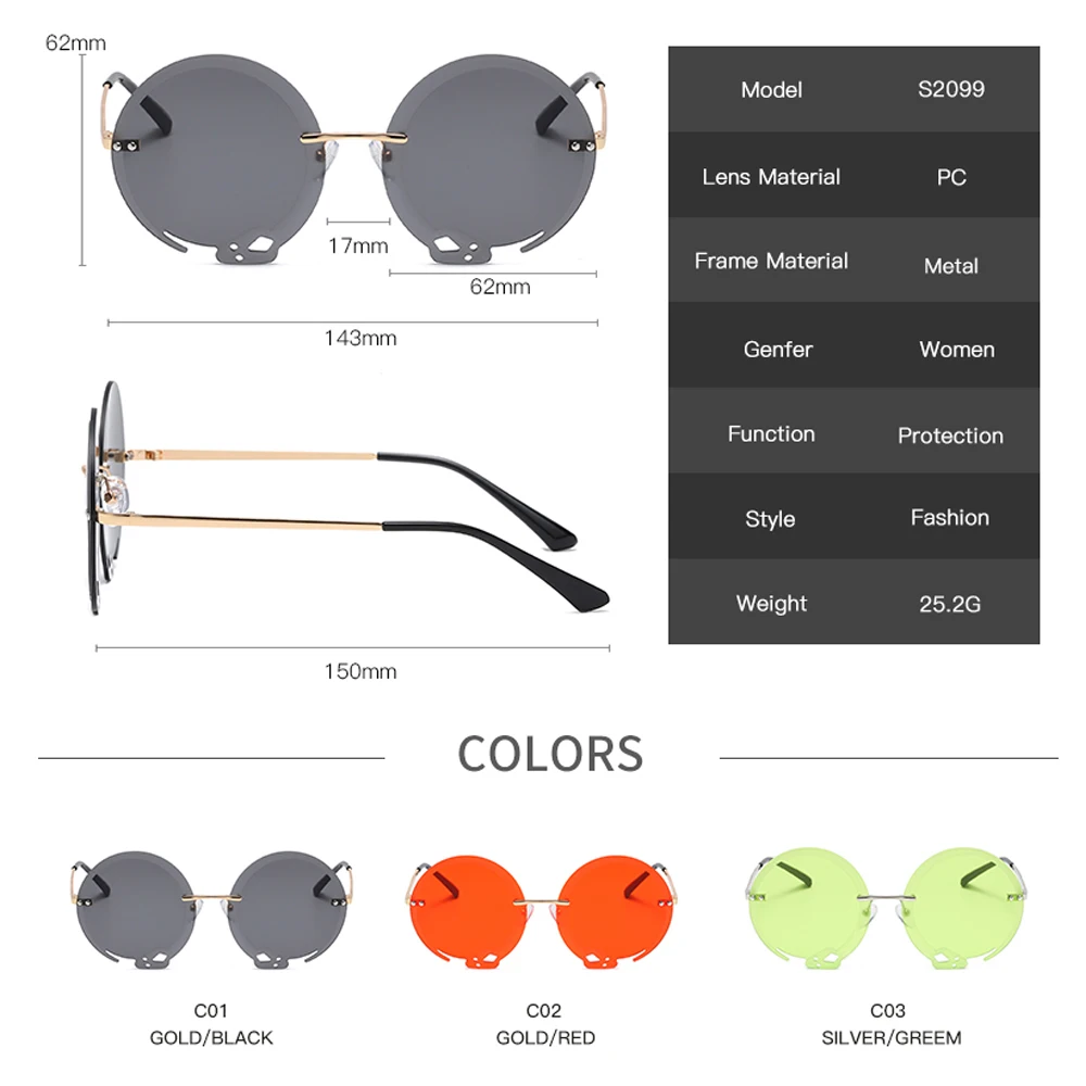 LongKeeper Fashion Oversized Round Sunglasses Women Vintage Rimless Sun Glasses Men Party Shades UV400 Eyewear Oculos De Sol
LongKeeper Fashion Oversized Round Sunglasses Women Vintage Rimless Sun Glasses Men Party Shades UV400 Eyewear Oculos De Sol