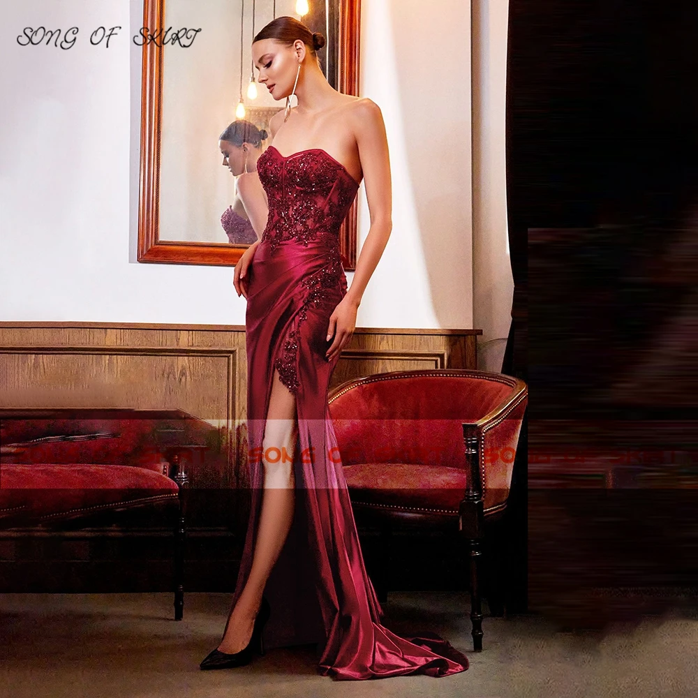 Elegant Sweetheart High Slit Evening Dresses Burgundy Applique Sequin Perspective Gorgeous Prom Skirt Sexy Hot Selling Gown
Elegant Sweetheart High Slit Evening Dresses Burgundy Applique Sequin Perspective Gorgeous Prom Skirt Sexy Hot Selling Gown