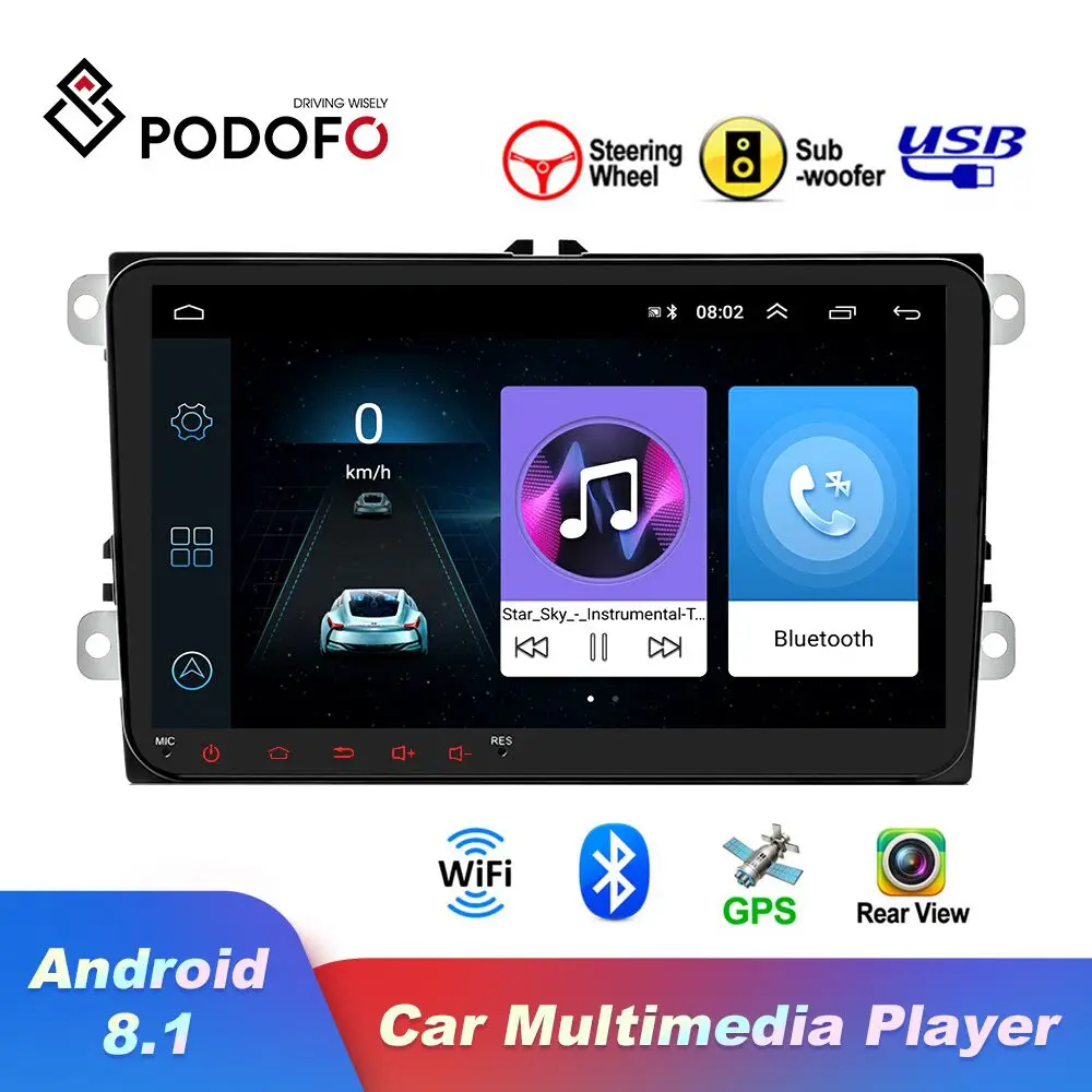 Podofo Android 8 1 2 Din Автомобильный Радио 9 "GPS мультимедийный плеер Wifi Зеркало Ссылка
