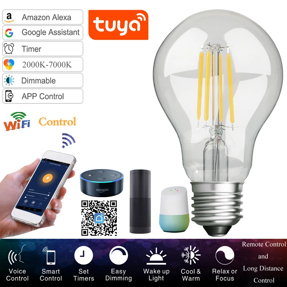 TUYA AC220V 7 5 W WI FI светодиодный светильник лампы E27 подвесной в стиле ретро Винтаж шар