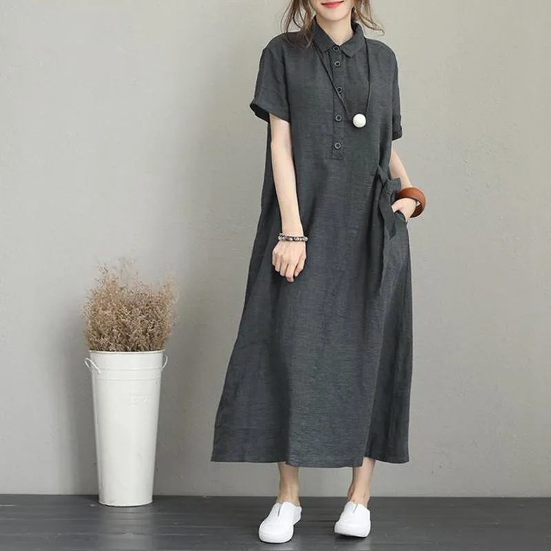Plus Size Women Maxi Dress 5XL Vintage Cotton Linen Solid Short Sleeve Dress Loose Lapel Button Pockets Oversized Straight Dress 
Plus Size Women Maxi Dress 5XL Vintage Cotton Linen Solid Short Sleeve Dress Loose Lapel Button Pockets Oversized Straight Dress