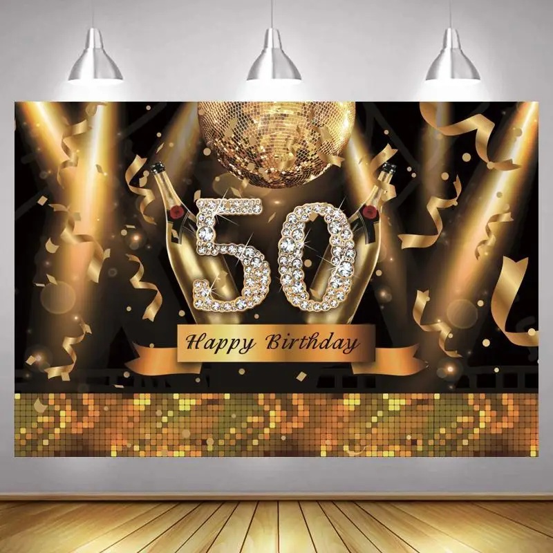 

50th Happy Birthday Party Photo Backdrop Custom Gold Light Boys Girls Lady Decoration Photography Backgrounds Banner