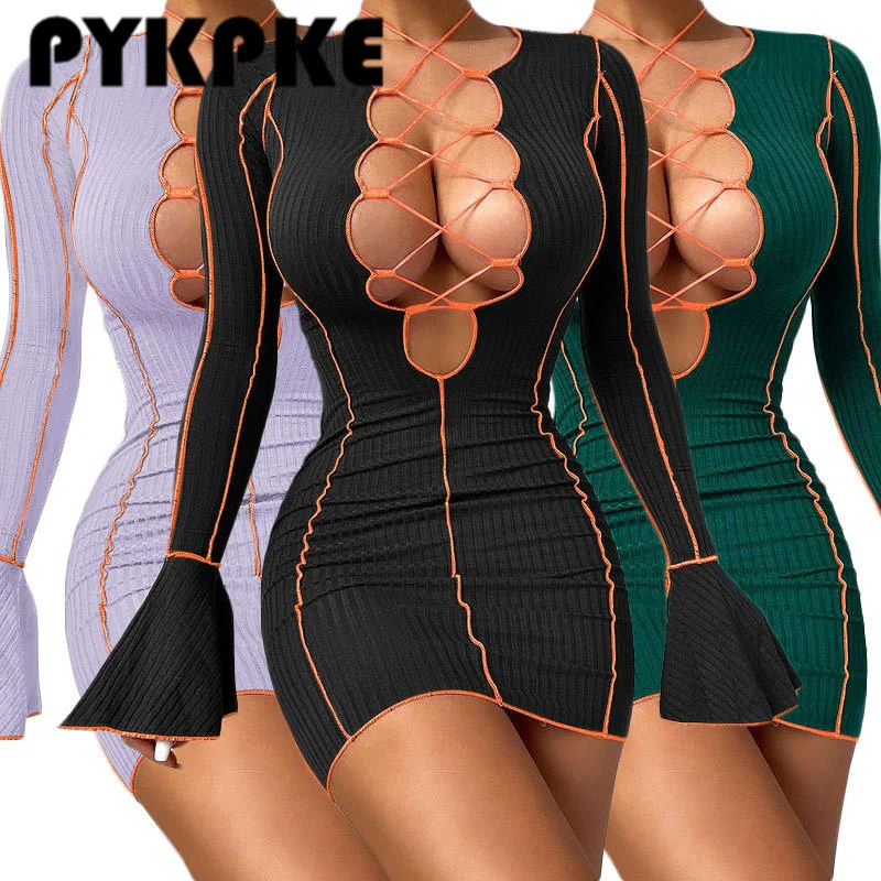 Ladies Hollowed-out Band Knit Pit Strip Flared Sleeve Dress Fall Sexy Club Party Mini Dresses Vestidos
Ladies Hollowed-out Band Knit Pit Strip Flared Sleeve Dress Fall Sexy Club Party Mini Dresses Vestidos