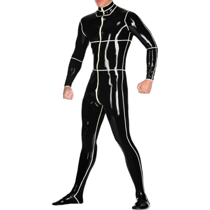 Black and White Two Way Front Zip Sexy Men Latex Catsuit Rubber Fetish Bodysuit with Socks Handmade Jumpsuit S-LCM164
Black and White Two Way Front Zip Sexy Men Latex Catsuit Rubber Fetish Bodysuit with Socks Handmade Jumpsuit S-LCM164