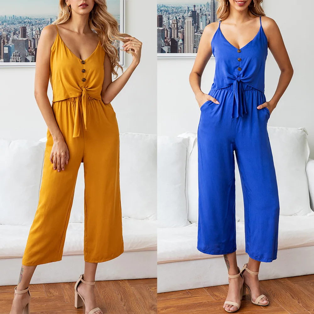 Elegant Women Jumpsuit Summer Straps V Neck Sleeveless Buttons Lace Up Long Romper Casual Backless High Waist Wide Legs Overalls
Elegant Women Jumpsuit Summer Straps V Neck Sleeveless Buttons Lace Up Long Romper Casual Backless High Waist Wide Legs Overalls