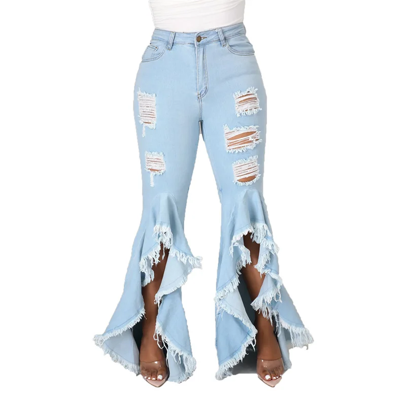 Boot Cut Ripped Jeans Women 2022 Fashion Urban Sexy Boho Stitching Hole Wholesale Washed Stretch Slim Flared Denim Pants |