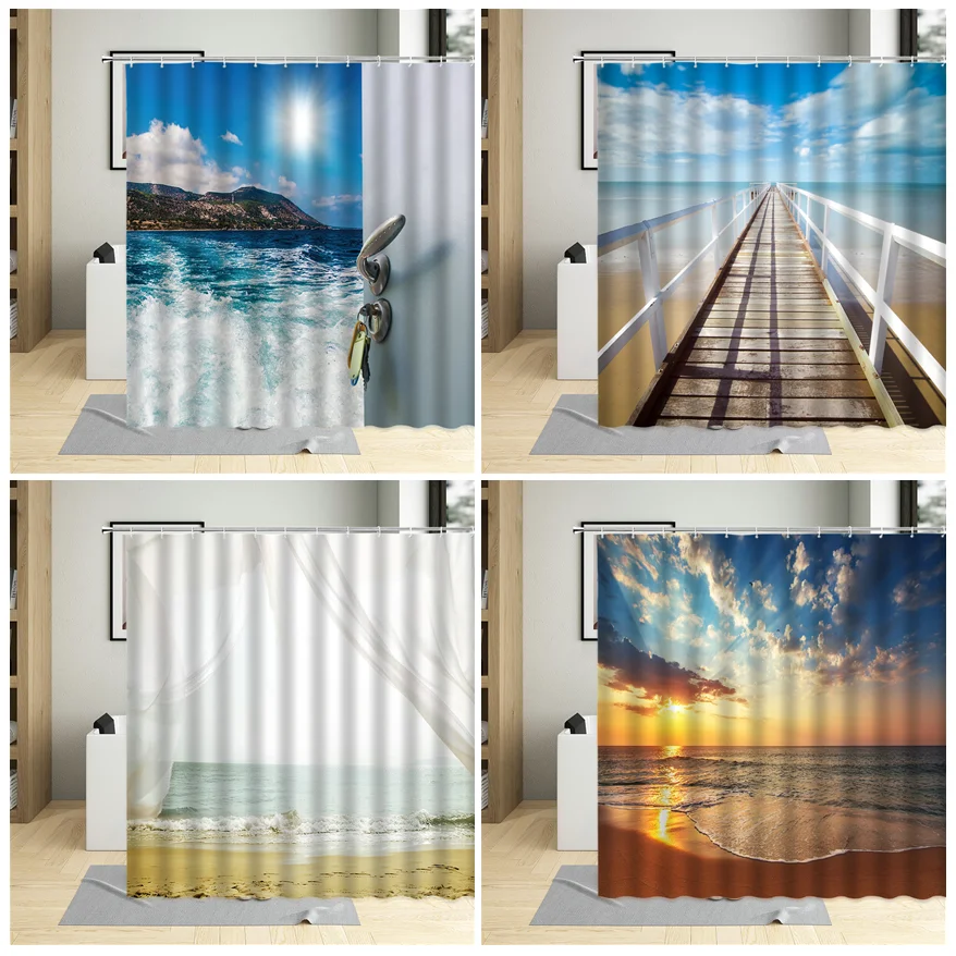 

Занавеска для душа с 3d-изображением морского пляжа, декоративный комплект с крючками для ванной комнаты, с морским пейзажем, водонепроницаемая штора из полиэстера, лето