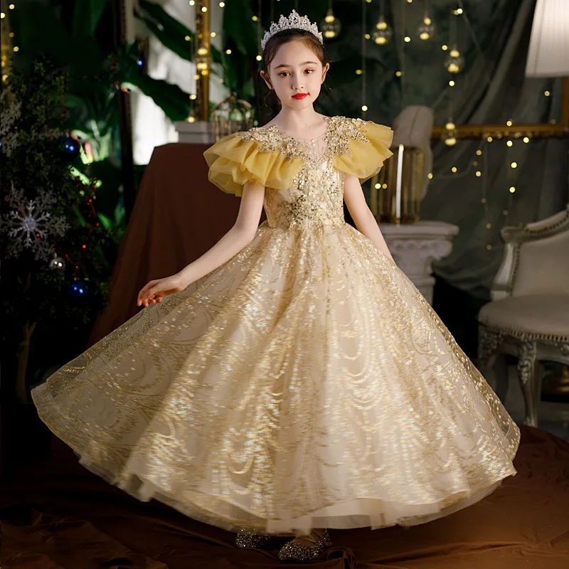 

Girl Feast Champagne Dress Teens Petal Sleeve Puffy Long Ball Gowns Kids Princess Sequined Layered Tulle Show Costume Party Wear