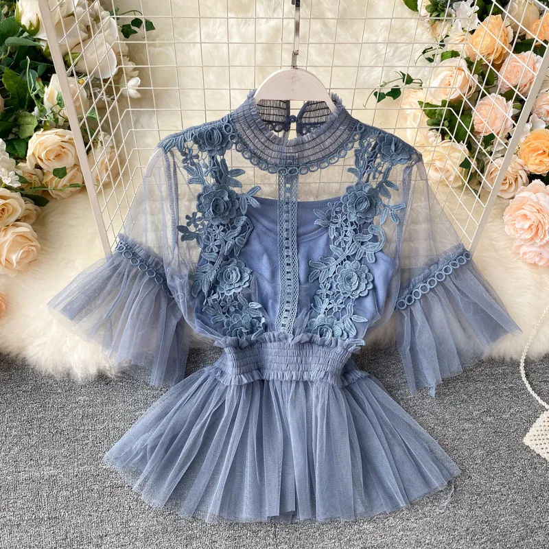 Новинка лета 2021, милая футболка для женщин, модная кружевная Женская одежда, темпераментная сетчатая блузка с воротником-стойкой, женские ф... 
Новинка лета 2021, милая футболка для женщин, модная кружевная Женская одежда, темпераментная сетчатая блузка с воротником-стойкой, женские ф...