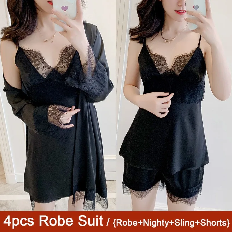 Loose V-neck Nightwear 4PCS Pajamas Set Satin Female Casual Sleepwear Suit Sexy 2020 Summer New Bathorbe&Nightgown&Sling&Shorts
Loose V-neck Nightwear 4PCS Pajamas Set Satin Female Casual Sleepwear Suit Sexy 2020 Summer New Bathorbe&Nightgown&Sling&Shorts