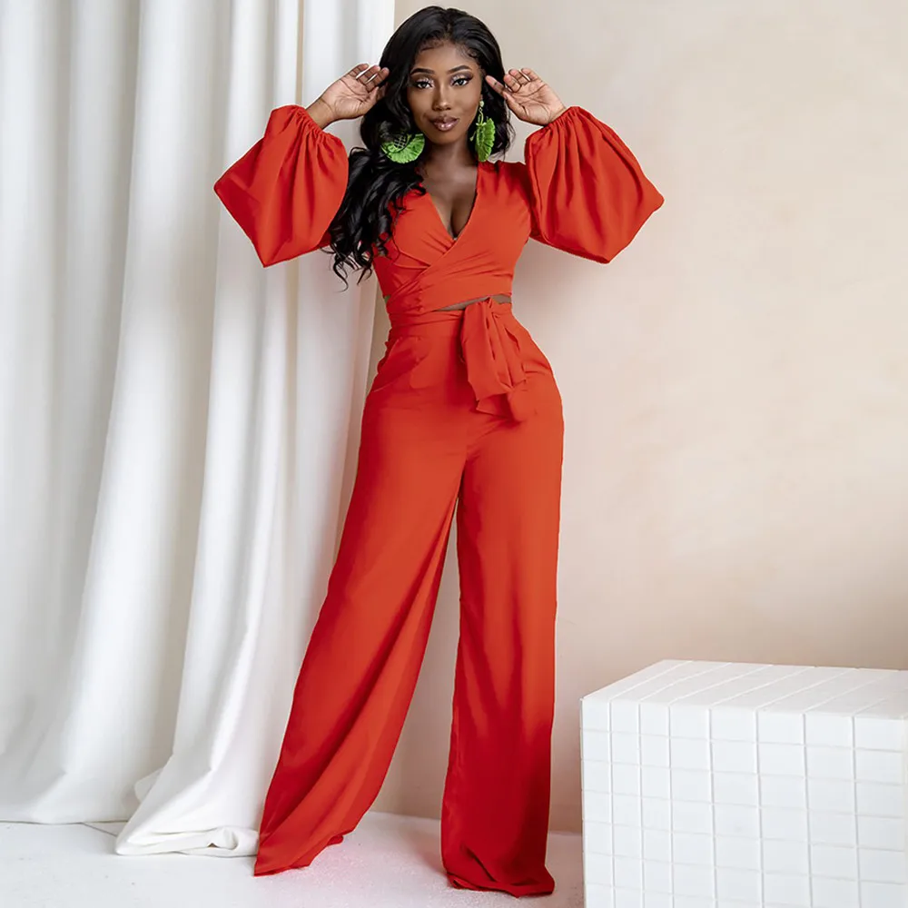 Women Set Red Green Deep V Neck Long Lantern Sleeve Bandage Crop Top and Loose Wide Leg Trouser Office Lady Chic Matching Suit
Women Set Red Green Deep V Neck Long Lantern Sleeve Bandage Crop Top and Loose Wide Leg Trouser Office Lady Chic Matching Suit
