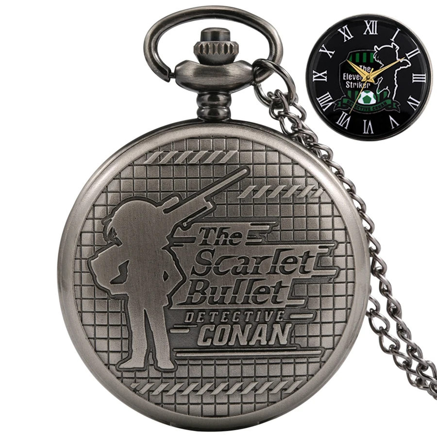 

The Famous Detective Cartoon Quartz Analog Pocket Watch Retro Gray 3D Sculpture Text Pattern Steampunk Clock FOB Chain Necklace