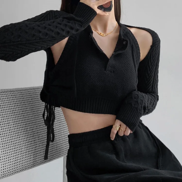 Дизайнерская блузка с длинным рукавом, пальто, вязаный свитер из двух частей, короткий облегающий топ на бретелях с вырезом на плечах
Дизайнерская блузка с длинным рукавом, пальто, вязаный свитер из двух частей, короткий облегающий топ на бретелях с вырезом на плечах