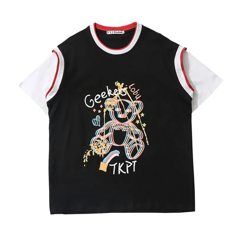 Kawaii Cartoon White Fake two Tops Short Sleeve Punk Crop Bear print Summer Casual Women Y2K T shirt Tee Fashion black clothing
Kawaii Cartoon White Fake two Tops Short Sleeve Punk Crop Bear print Summer Casual Women Y2K T shirt Tee Fashion black clothing