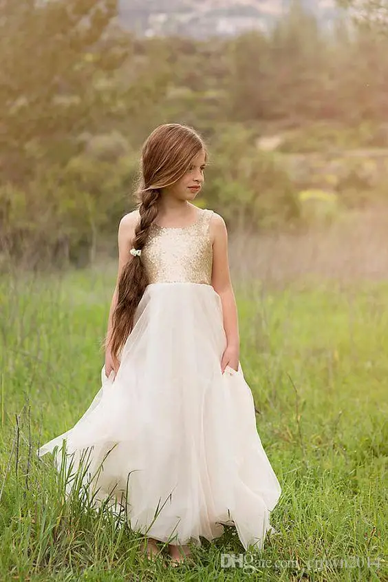 2020 primera comunion Kids Gold Sequin vestido infantil festa Floor Length Wedding Girls Christmas Flower Girl Dresses | Свадьбы и