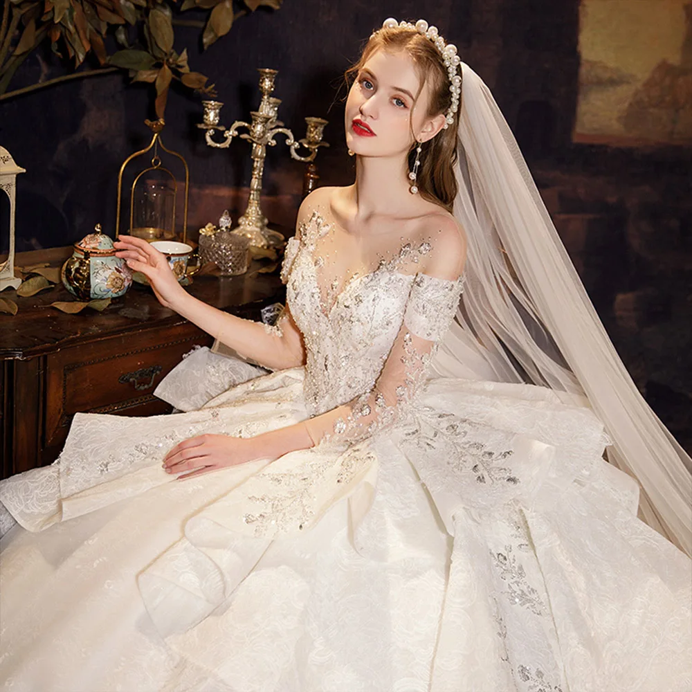 New Arrivals O-Neck Three Quarter Sleeve Sparkly Beading Crystal Tulle Lace Gorgeous Ball Gown Wedding Dress Plus Size Mariage | Свадьбы и
