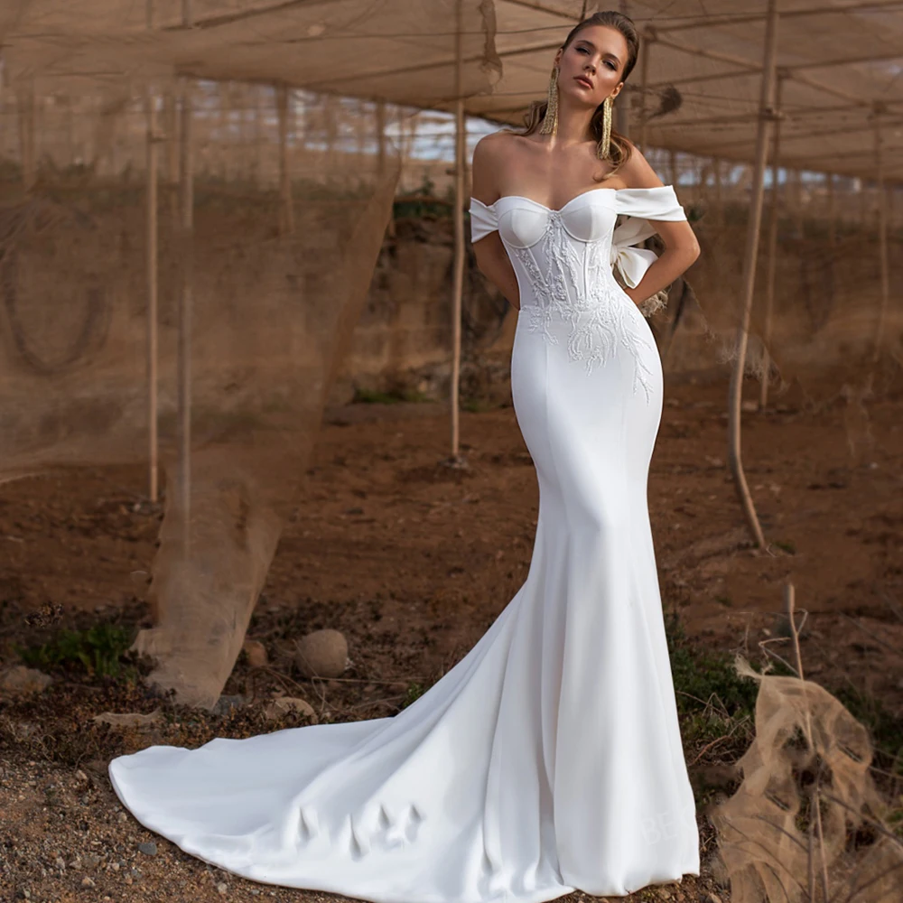 Vintage Satin Mermaid Wedding Dresse Off the Shoulder Lace Up Sweetheart Beaded Bow Bridal Gowns 2021 Vestidos De Noivas 
Vintage Satin Mermaid Wedding Dresse Off the Shoulder Lace Up Sweetheart Beaded Bow Bridal Gowns 2021 Vestidos De Noivas