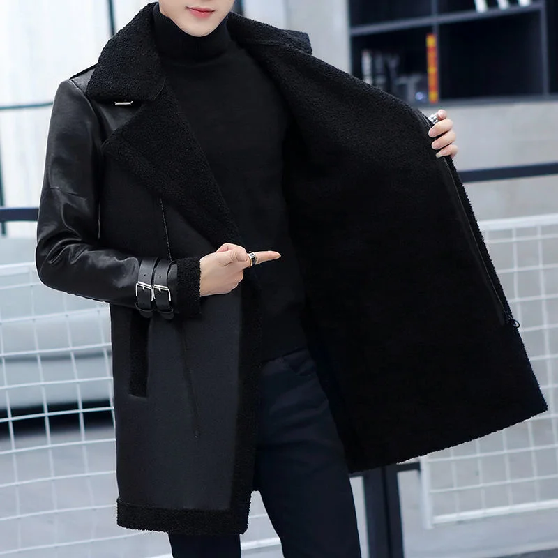 

Jaqueta De Couro Masculina Men's Mid-length Leather Coat Slim Korean New Winter Fleece-lined Thickened Fur Coat Mens Fur Coat