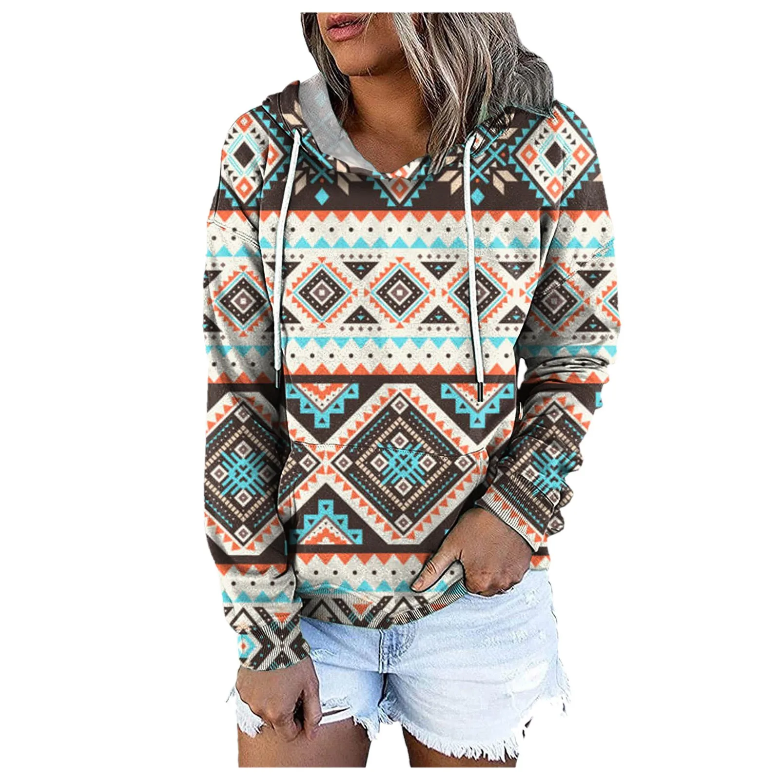 

Женский свитшот с капюшоном, винтажный пуловер с геометрическим принтом лошади, свитшот с капюшоном и кулиской в Западном этническом стиле